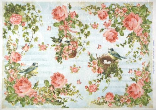 Rice Paper - Pink Roses, Blue Birds