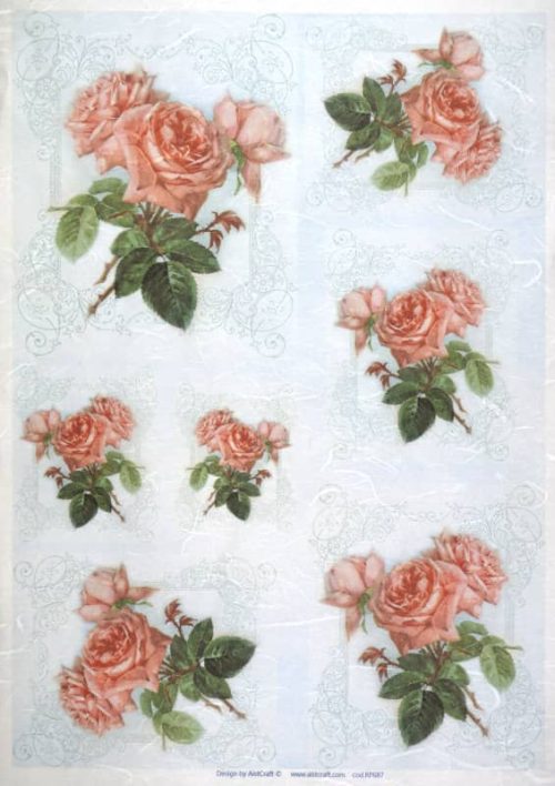 Rice Paper - Pink Rose on Blue