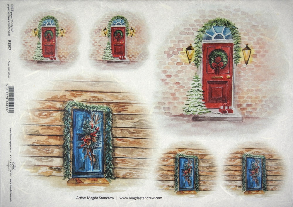 Rice Paper - Christmas blue red doors