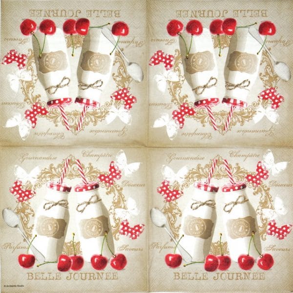 a collage of a napkin with milk bottles and cherries