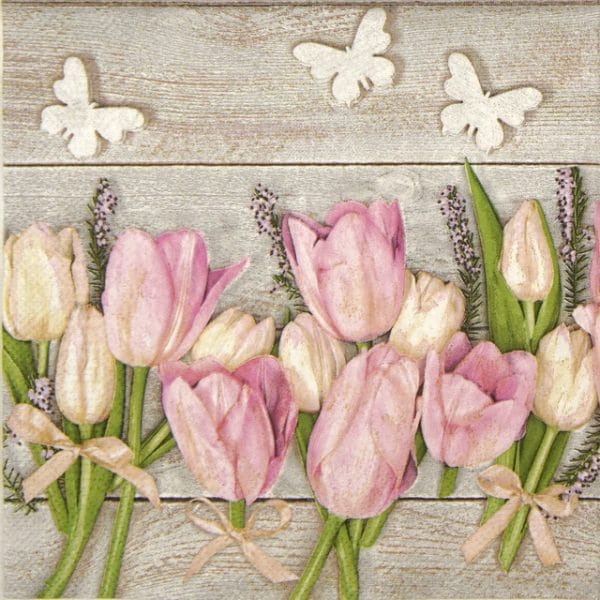 Paper Napkin - White and pink tulips on wood