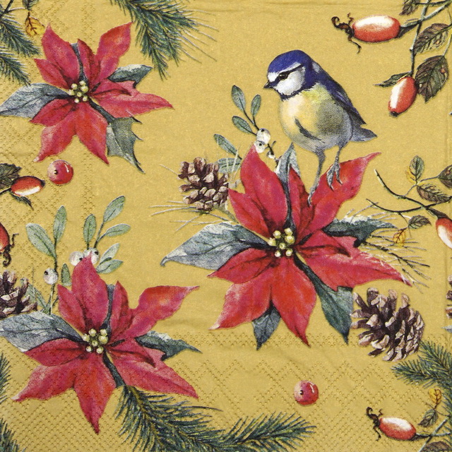 Paper Napkin -  Birds On Poinsettia gold