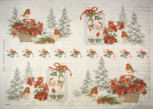 Rice Paper -  Poinsettia with birds and pine