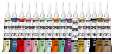 Close‑up of Pentart Contour Liner 20ml bottles in multiple colours arranged in a neat row for craft and mixed‑media projects.
