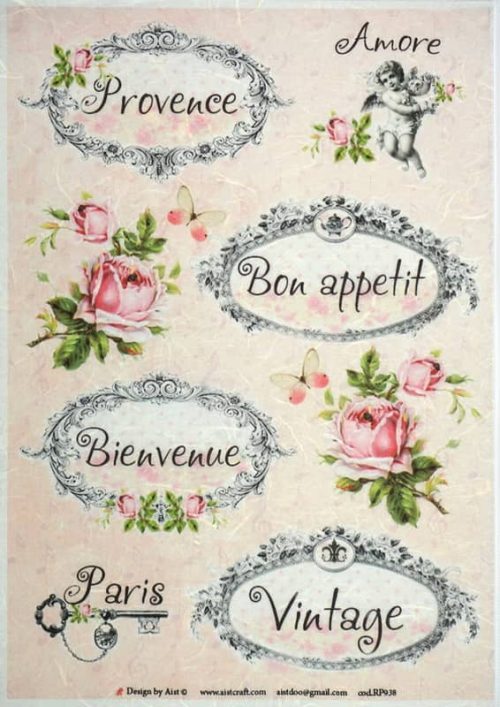 Rice Paper - Labels & Roses-for Decoupage Vintage