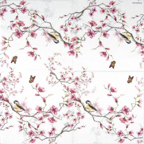 Paper Napkin pink birds and blossom