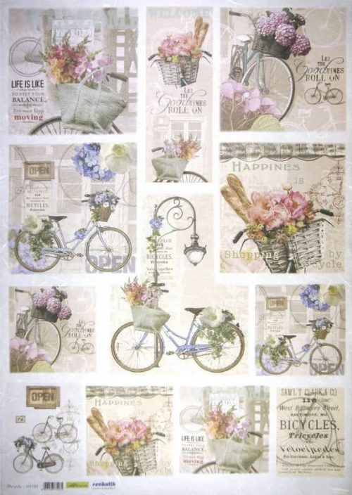 Rice Paper - Vintage Bicycle Floral Collage, 50x70cm