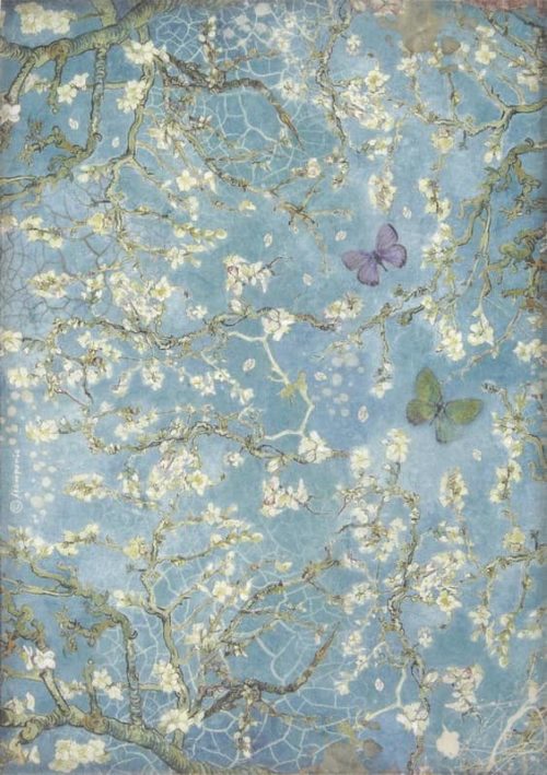 Rice Paper - Atelier Blossom blue background with butterfly