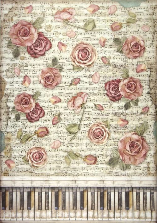 Stamperia A/3 Rice Paper - Passion roses and piano