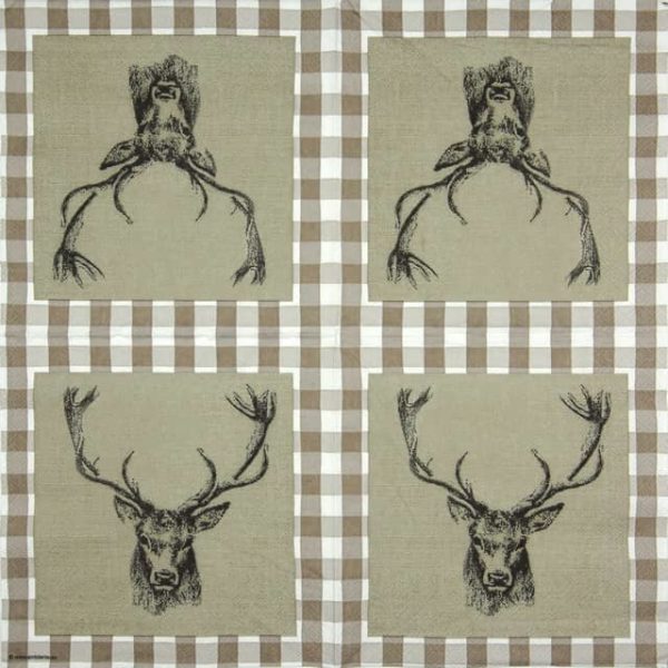 Cocktail Napkins (20) - Checked Stag Head  Brown