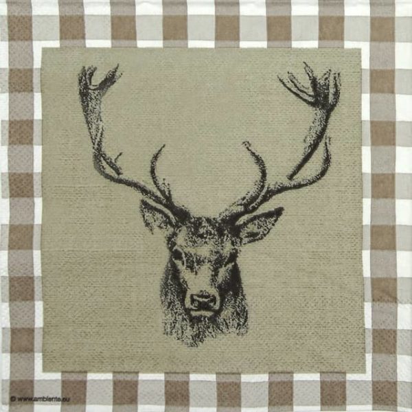 Cocktail Napkin - Checked Stag Head  Brown
