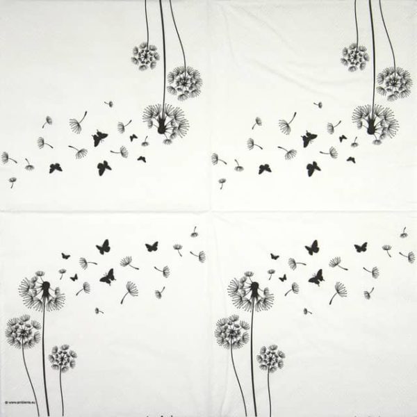 paper napkin with dandelion seeds and butterflies blown away by wind