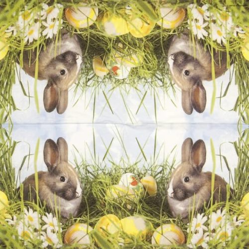 Paper napkin brown Easter rabbit in grass