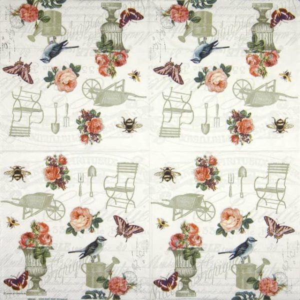 Paper Napkin with Garden Accessories, birds, butterflies roses