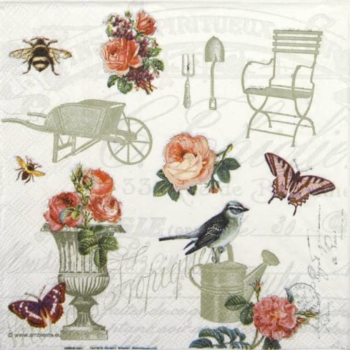 Paper Napkin with Garden Accessories, birds, butterflies roses