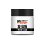 Pentart 3D Glue Paste for Decor Foil 50ml container next to a 3D stencilled pattern decorated with metallic foil.