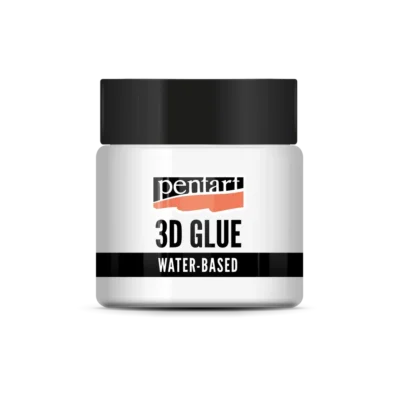 Pentart 3D Glue Paste for Decor Foil 50ml container next to a 3D stencilled pattern decorated with metallic foil.