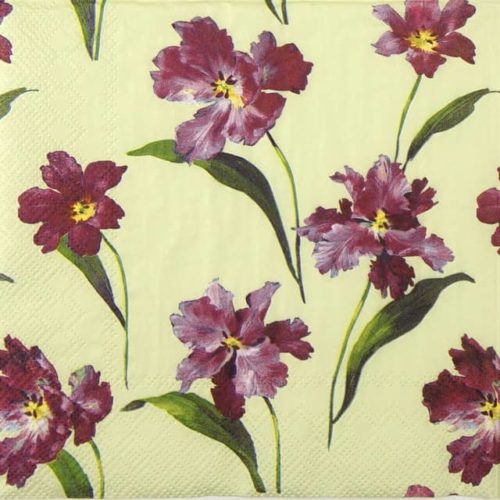 Paper napkin purple Irises on light green background