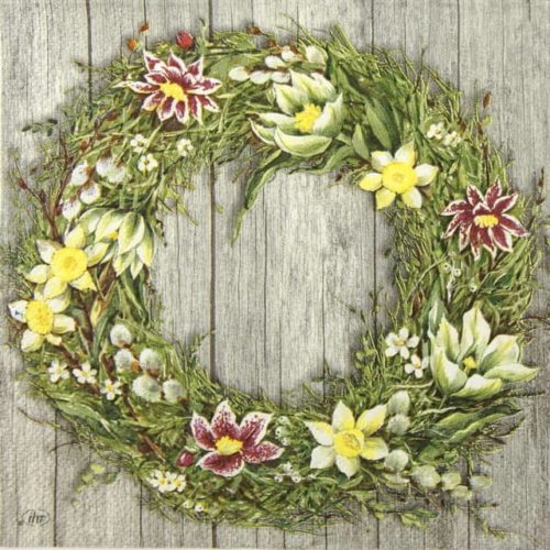 Paper Napkin Spring Flower Wreath on grey background