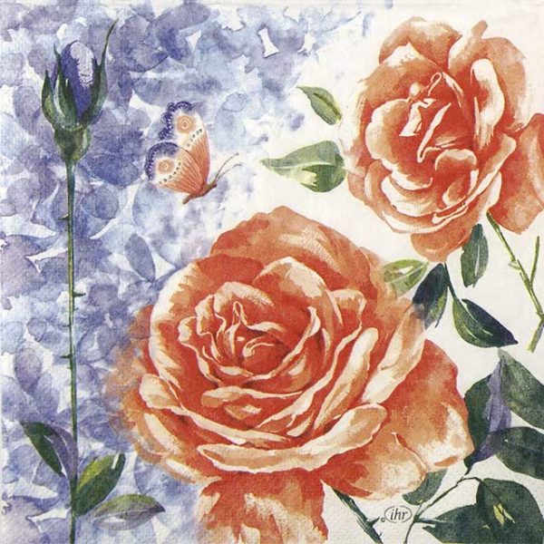 Paper Napkin aquarell pink rose on blue background