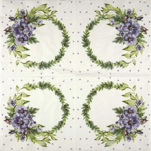 Paper Napkin purple pansy wreath with green leaves frame