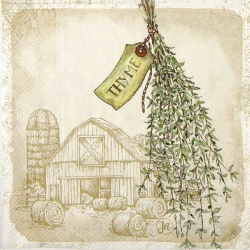 Paper Napkin thyme leaves and farm silhouette