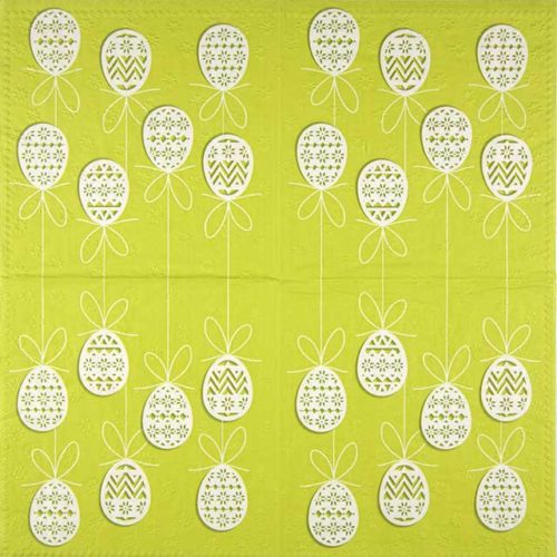 paper napkin hanging white easter eggs on apple green base