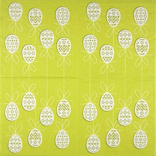 paper napkin hanging white easter eggs on apple green base