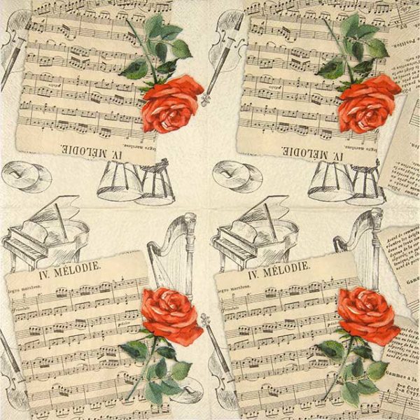 Paper Napkin red rose flower with musical notes and piano