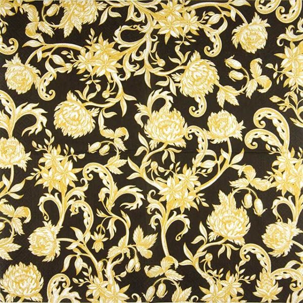 Paper Napkin Gold Black Baroque Flowers