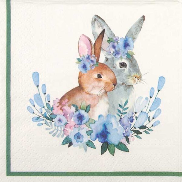 Paper napkin Easter rabbits in flower wreath in flower wreath
