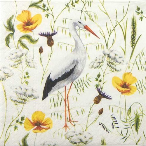 Paper Napkin Stork with flowers in Grassland