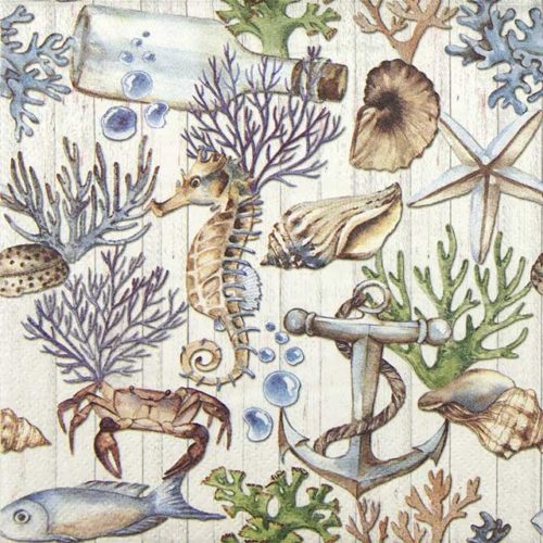 Paper Napkin Underwater Treasures, coral, shell, crab, seahorse
