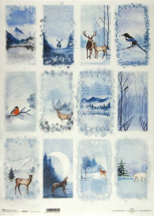 Rice Paper A/3 - Winter Forest Animals Cards blue - R0355L