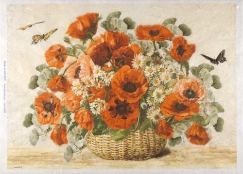 Rice Paper - Poppies and Daisy Bouquet in Basket