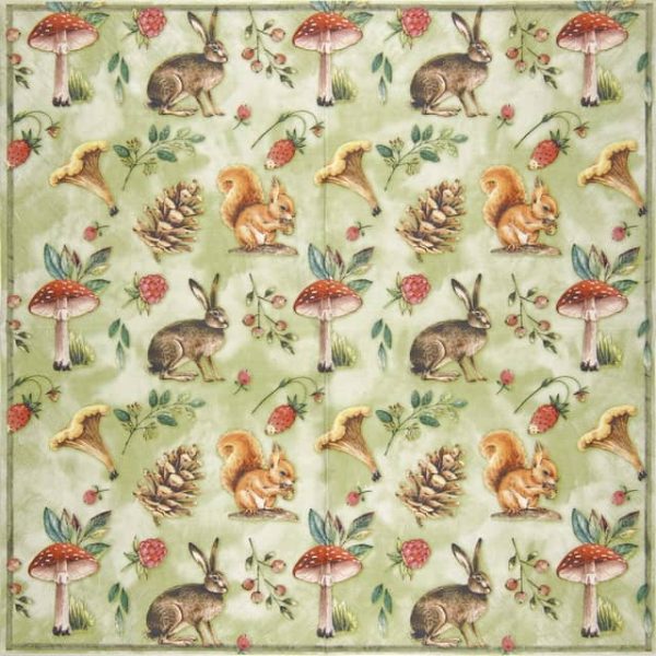 Paper Napkin Autumn forest, bunny, squirrel, mushroom, pine cone