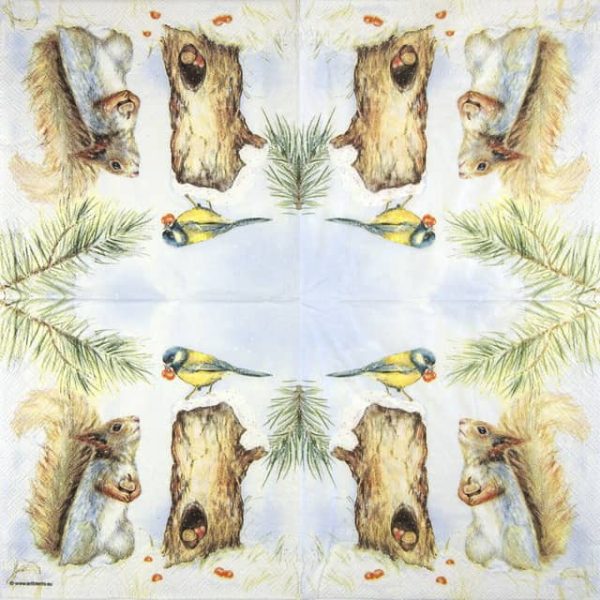 Paper Napkin squirrel and robin bird in winter