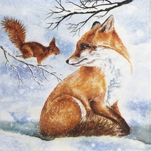 Paper Napkin Fox and squirrel in the snow