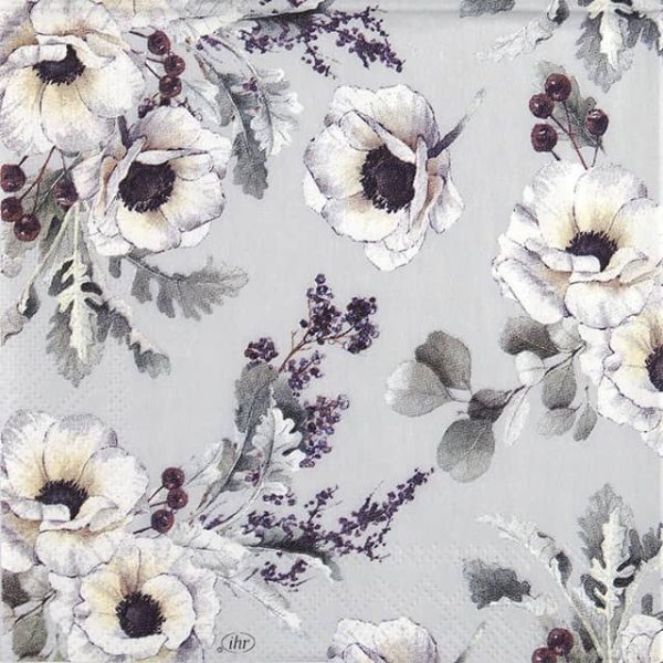 Paper Napkin white peonies on grey