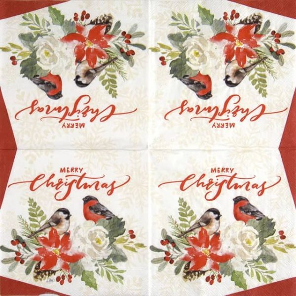 Paper Napkin Christmas birds cream red