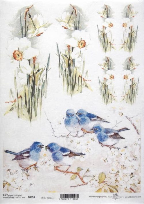 Rice Paper Decoupage Blue Birds and Daises