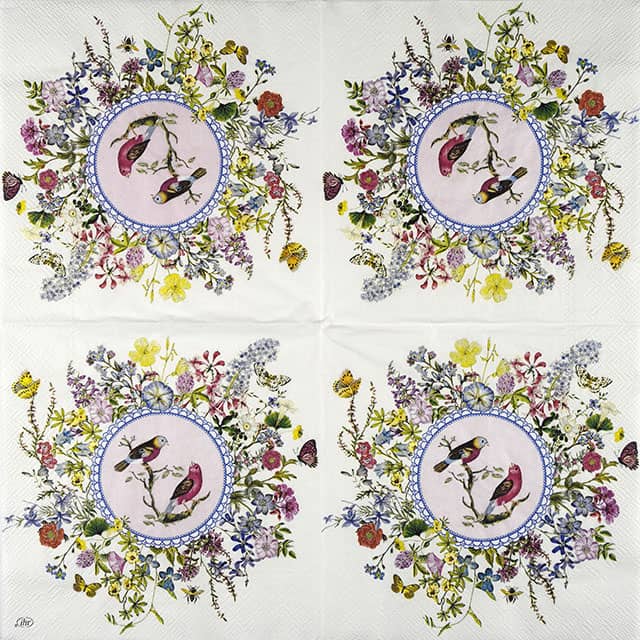 Paper Napkin birds medallion in a flower frame