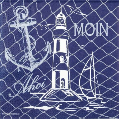 a blue and white picture of a lighthouse and anchor