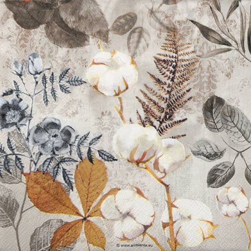 Paper Napkin cotton flower branches on grey background