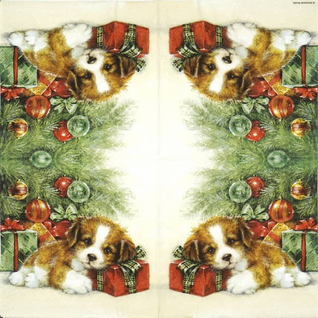 Paper napkin dog under the Christmas tree