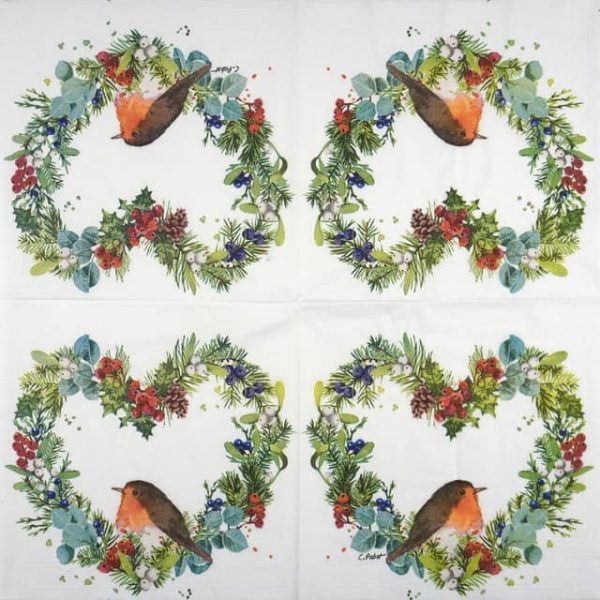 Paper Napkin - Robin in a Christmas Wreath