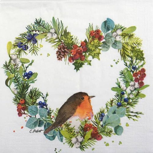 Paper Napkin - Robin in a Christmas Wreath