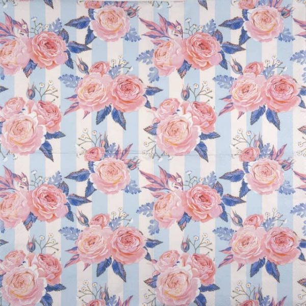 Paper Napkin - Pink Roses on Blue Stripes