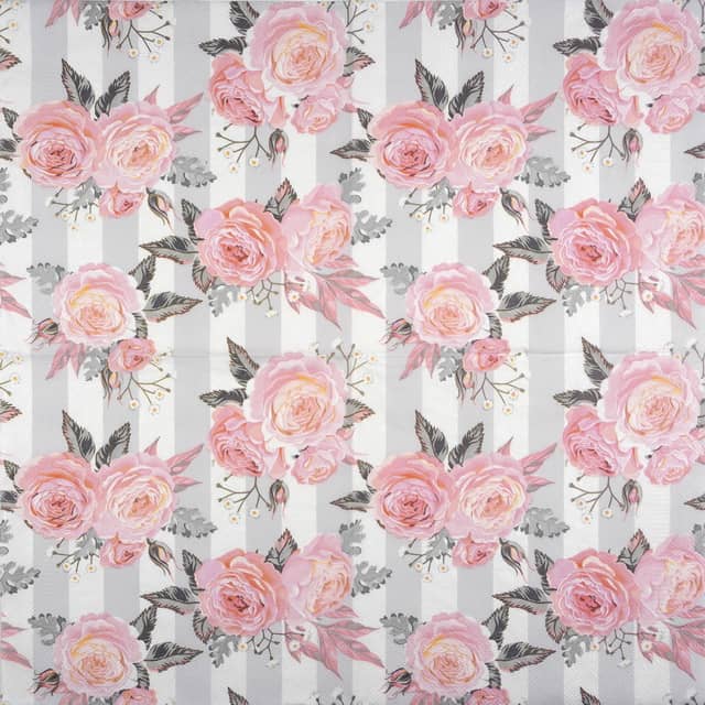 Paper Napkin - Pink Roses on Grey Stripes
