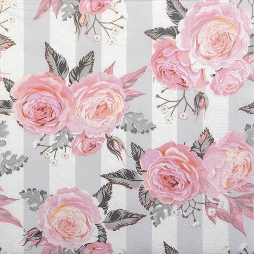 Paper Napkin - Pink Roses on Grey Stripes